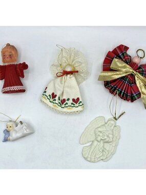 Lot 5 Angel Christmas Ornaments Flocked Ceramic Wood Ribbon Mixed Styles Retro